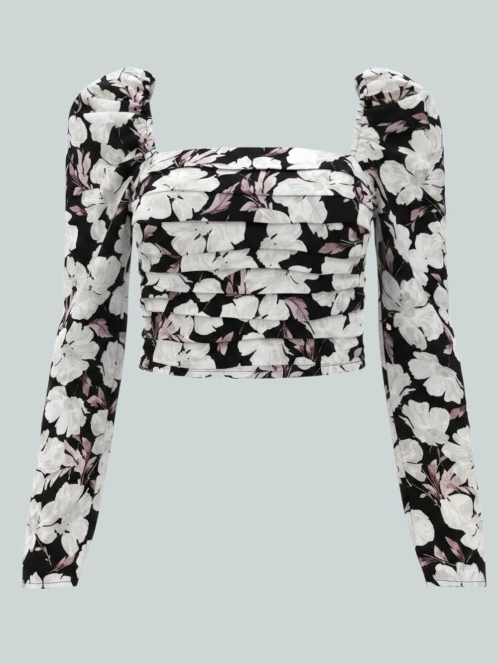 A&F Ruched Square-Neck Floral Long Sleeve Crop Top - Black Floral NWT